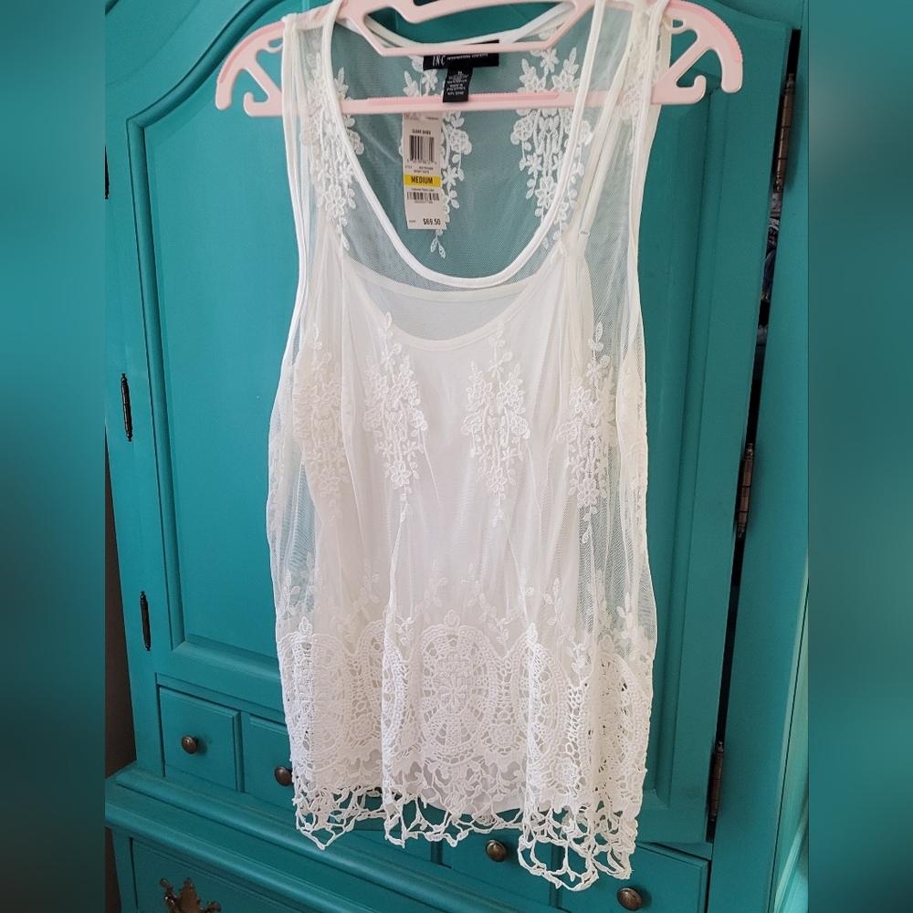INC International Concepts White Floral Lace Tank